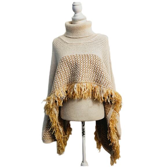 NWOT Anthropologie Fringe Turtleneck Cropped Poncho Sweater $200 - Picture 2 of 8
